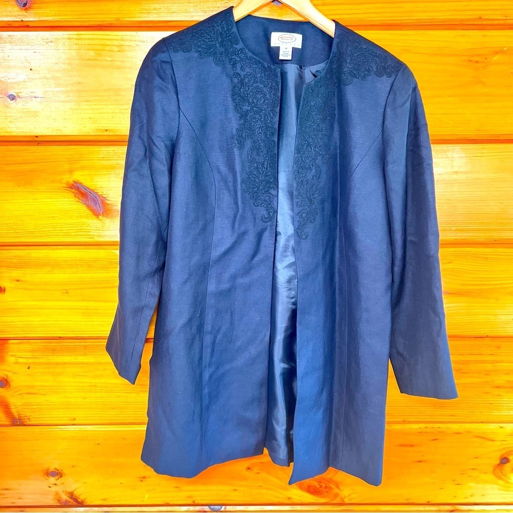 Silk Linen Embroidered Talbots Black Lined Longsleeve Open Jacket Blazer 8P